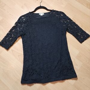 Reiss Black Lace Top Half Sleeve Shirt Stretch Lace Size Small Lined